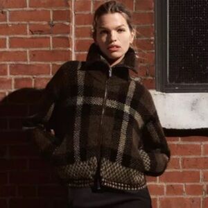 Zara Checkered knit bomber jacket, size medium